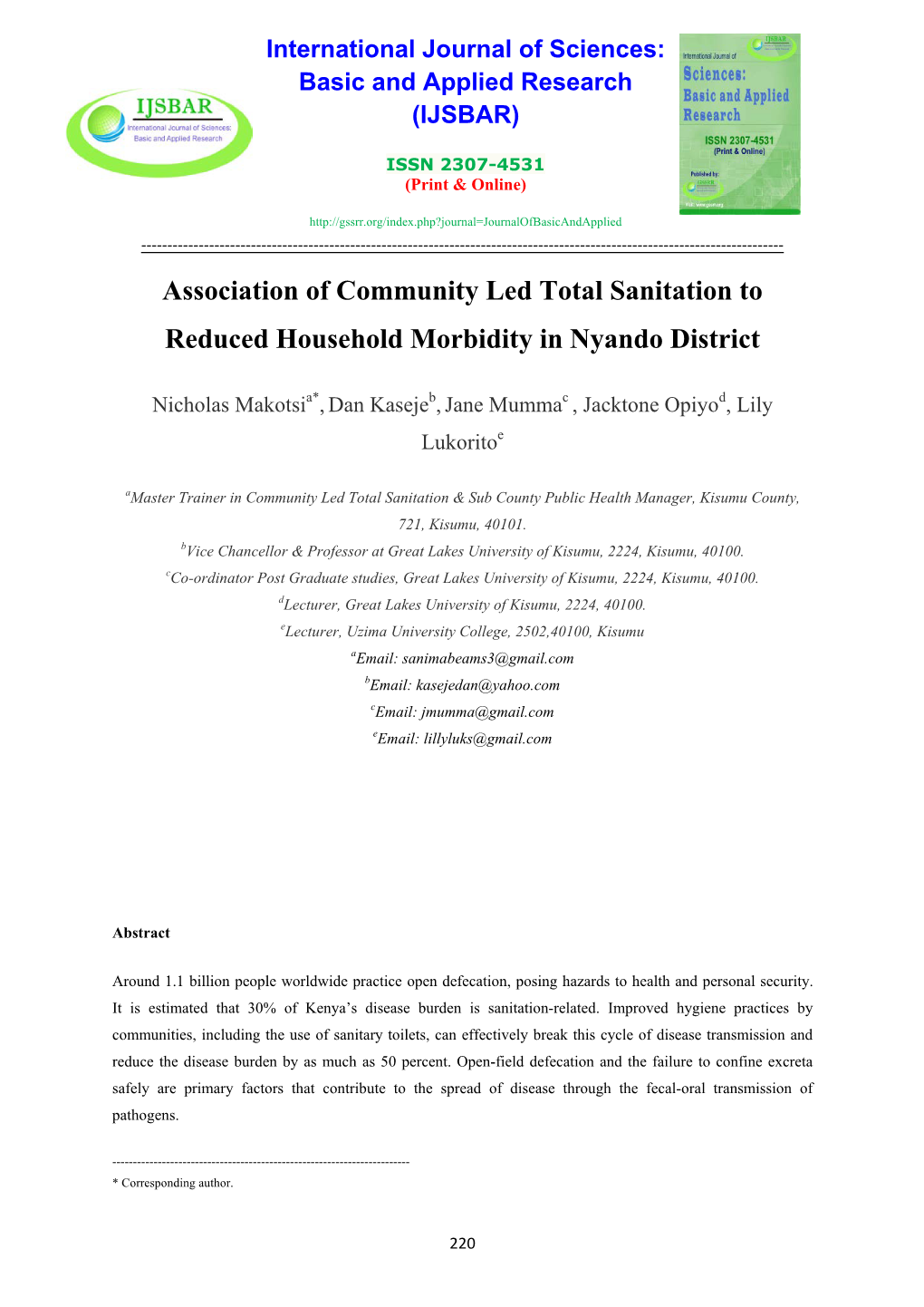 Association of Community Led Total Sanitation to Reduced Household Morbidity in Nyando District