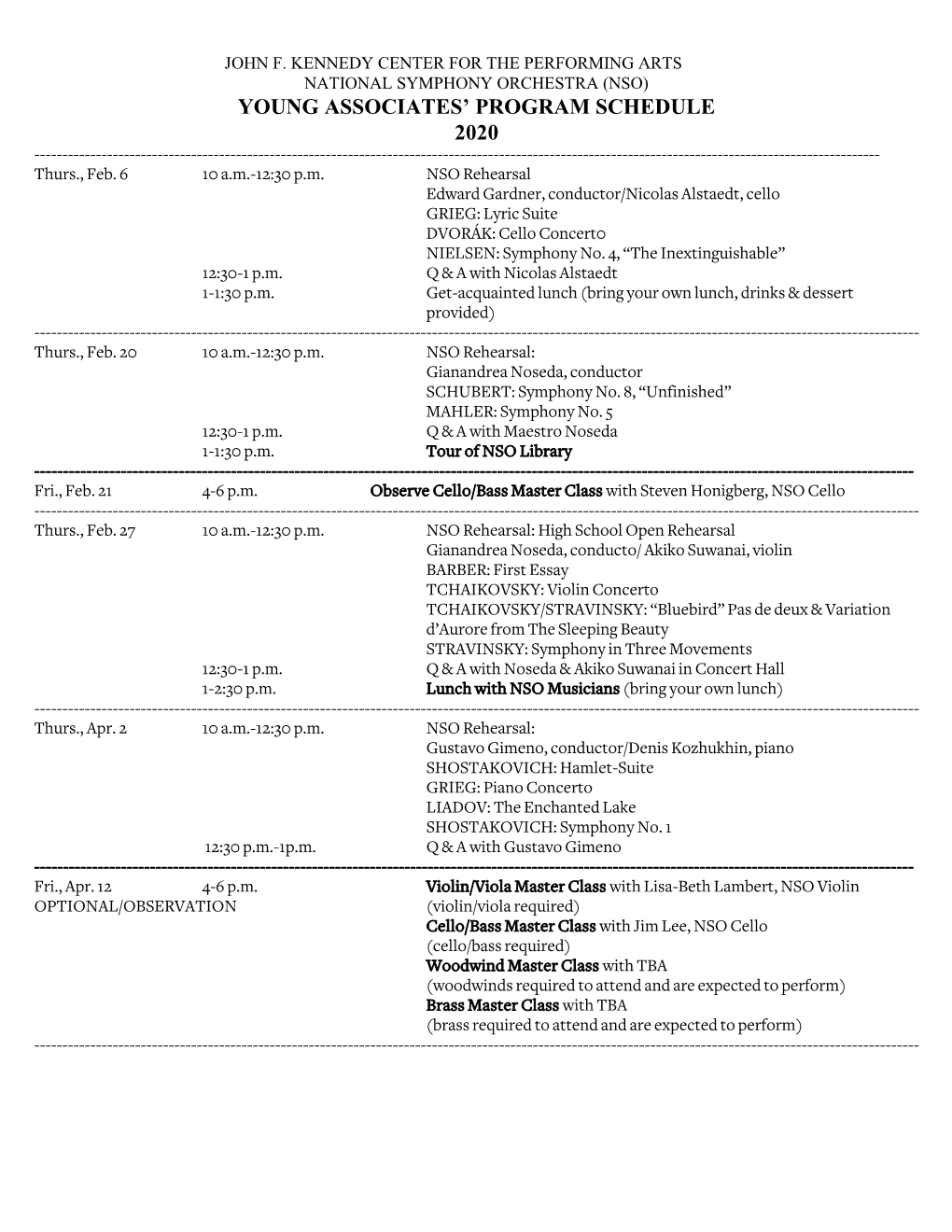 NSO) YOUNG ASSOCIATES’ PROGRAM SCHEDULE 2020 ------Thurs., Feb