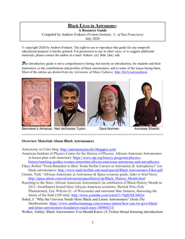 Black Lives in Astronomy: a Resource Guide Compiled by Andrew Fraknoi (Fromm Institute, U