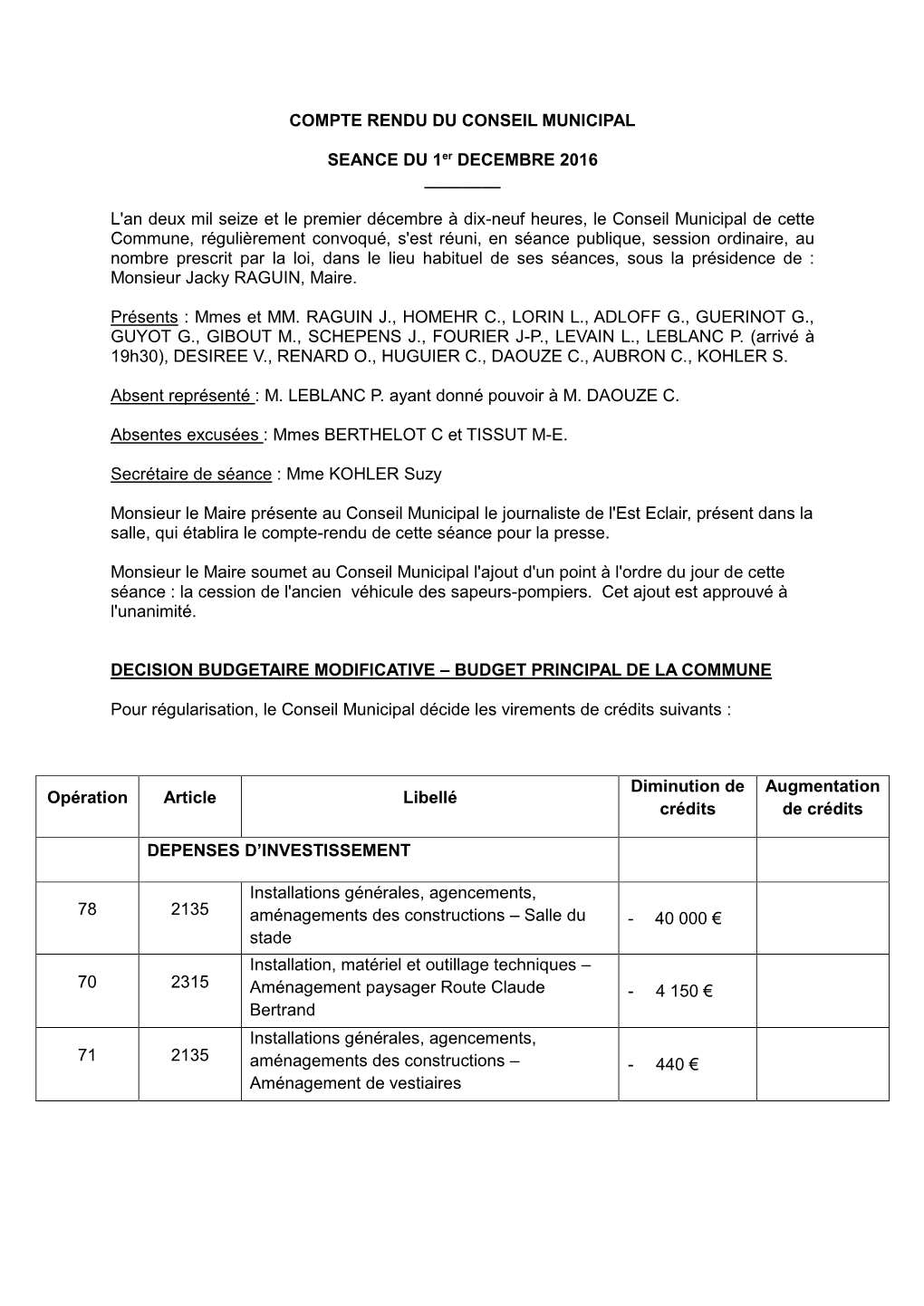 COMPTE RENDU DU CONSEIL MUNICIPAL SEANCE DU 1Er DECEMBRE 2016 ___L'an Deux Mil Seize Et Le Premier Décembre À Dix-Neuf H