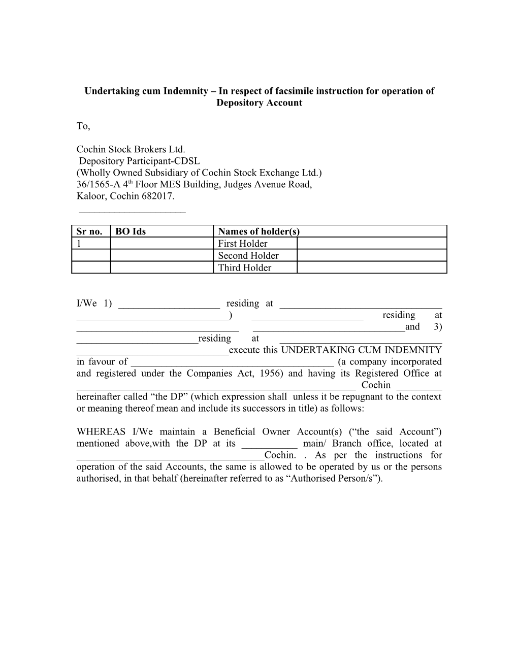 Undertaking Cum Indemnity in Respect of Facsimile Instruction for Operation of Depository