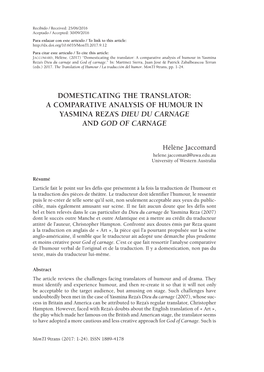 A Comparative Analysis of Humour in Yasmina Reza’S Dieu Du Carnaje and God of Carnage.” In: Martínez Sierra, Juan José & Patrick Zabalbeascoa Terran (Eds.) 2017