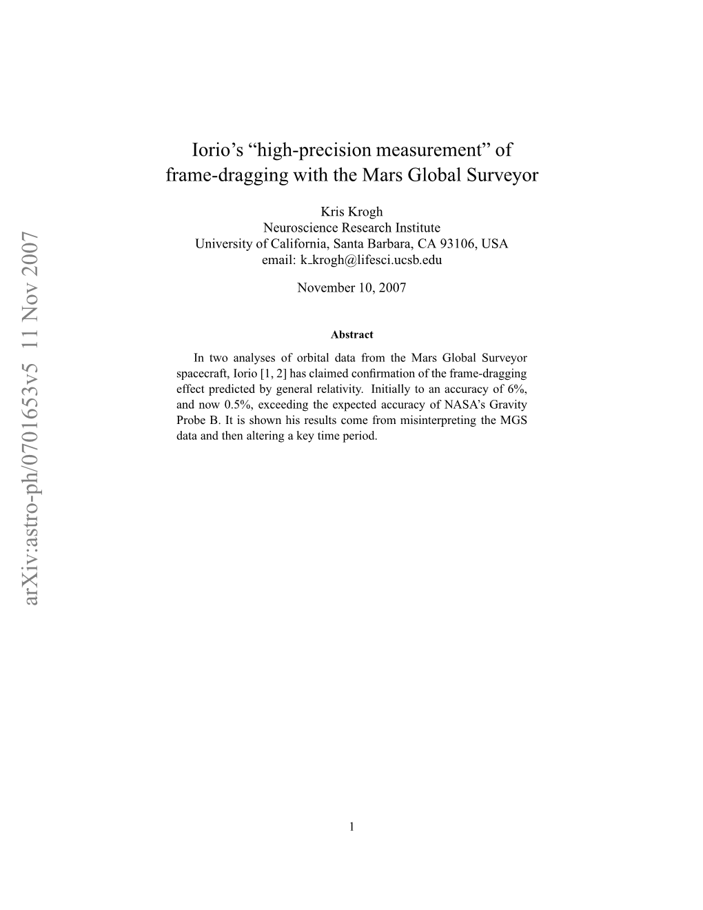 Iorio's" High-Precision Measurement" of Frame-Dragging with the Mars