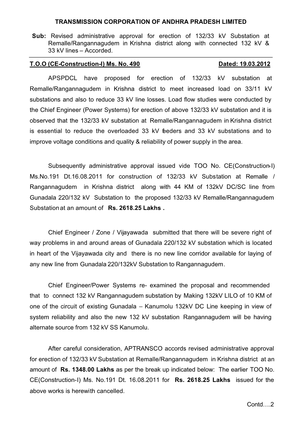 Revised Administrative Approval for Erection of 132/33 Kv Substation at Remalle/Rangannagudem in Krishna District Along with Connected 132 Kv & 33 Kv Lines – Accorded
