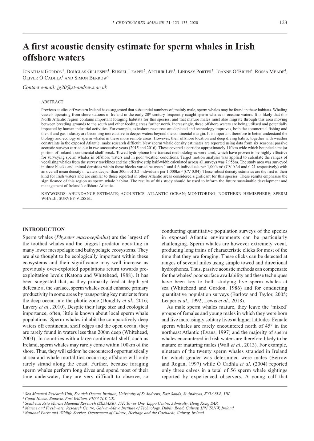 A First Acoustic Density Estimate for Sperm Whales in Irish Offshore Waters