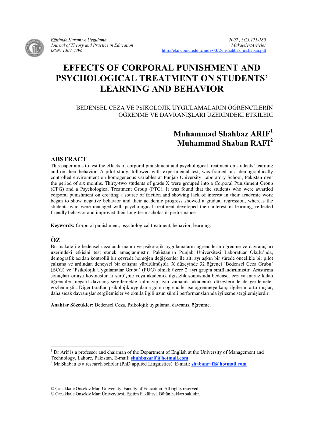Effects of Corporal Punishment and Psychological Treatment on Students’ Learning and Behavior