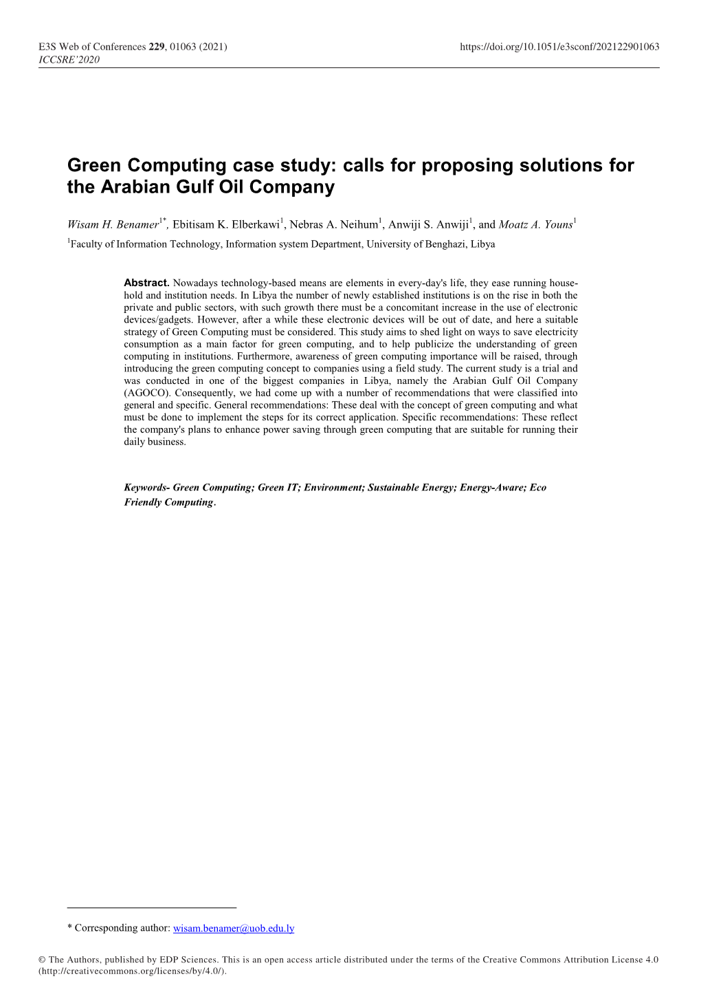 Green Computing Case Study: Calls for Proposing Solutions for the Arabian Gulf Oil Company