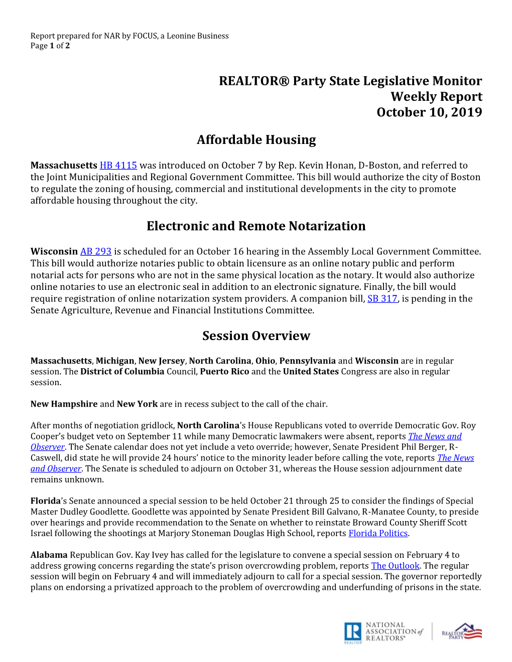 REALTOR® Party State Legislative Monitor Weekly Report October 10, 2019