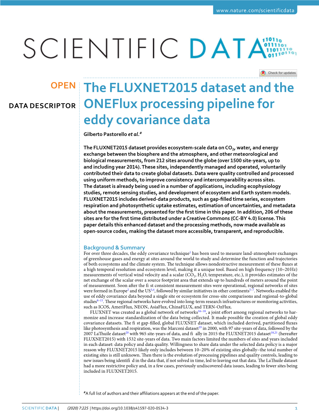 The FLUXNET2015 Dataset and the Oneflux Processing Pipeline For