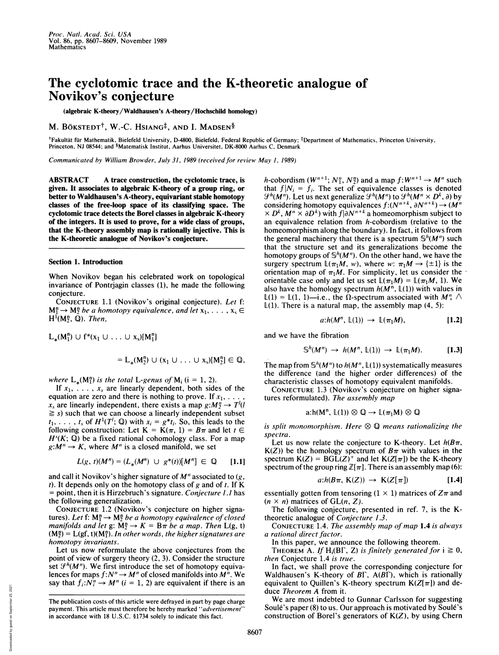 The Cyclotomic Trace and the K-Theoretic Analogue of Novikov's Conjecture (Algebraic K-Theory/Waldhausen's A-Theory/Hochschild Homology)