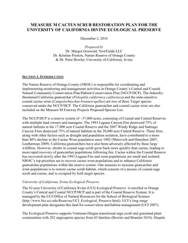 Measure M Cactus Scrub Restoration Plan for the University of California Irvine Ecological Preserve