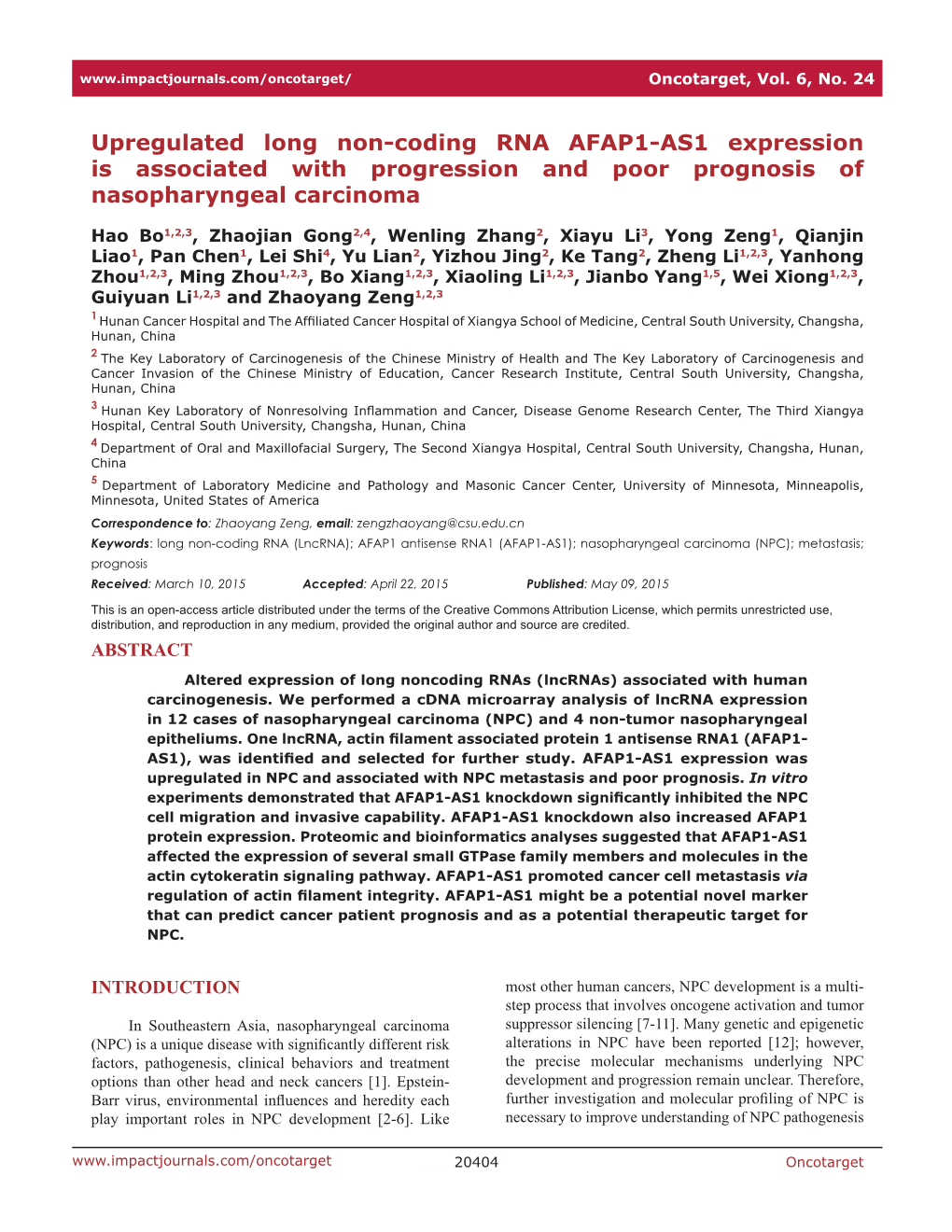 Upregulated Long Non-Coding RNA AFAP1-AS1 Expression Is Associated with Progression and Poor Prognosis of Nasopharyngeal Carcinoma