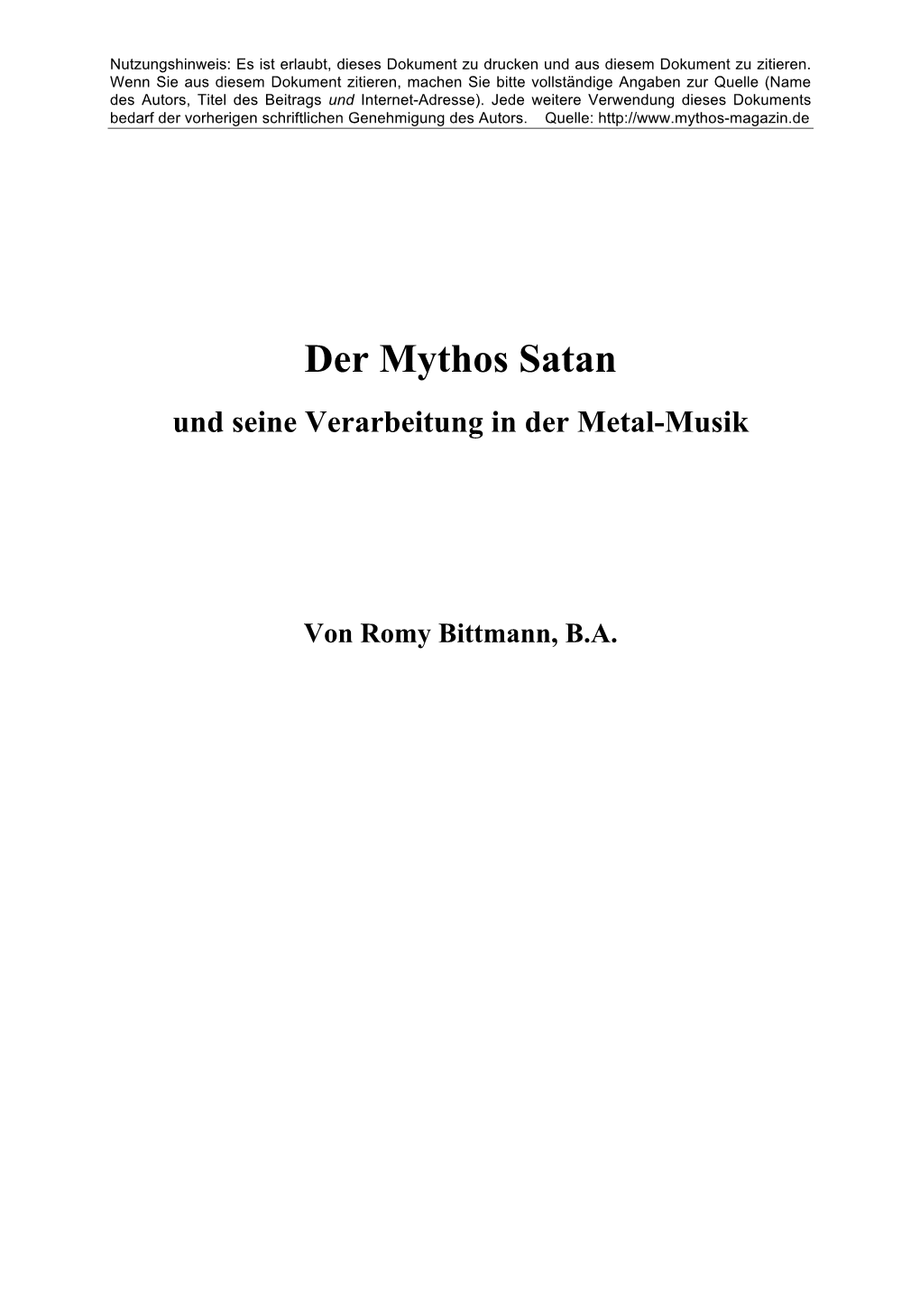 Der Mythos Satan Und Seine Verarbeitung in Der Metal-Musik