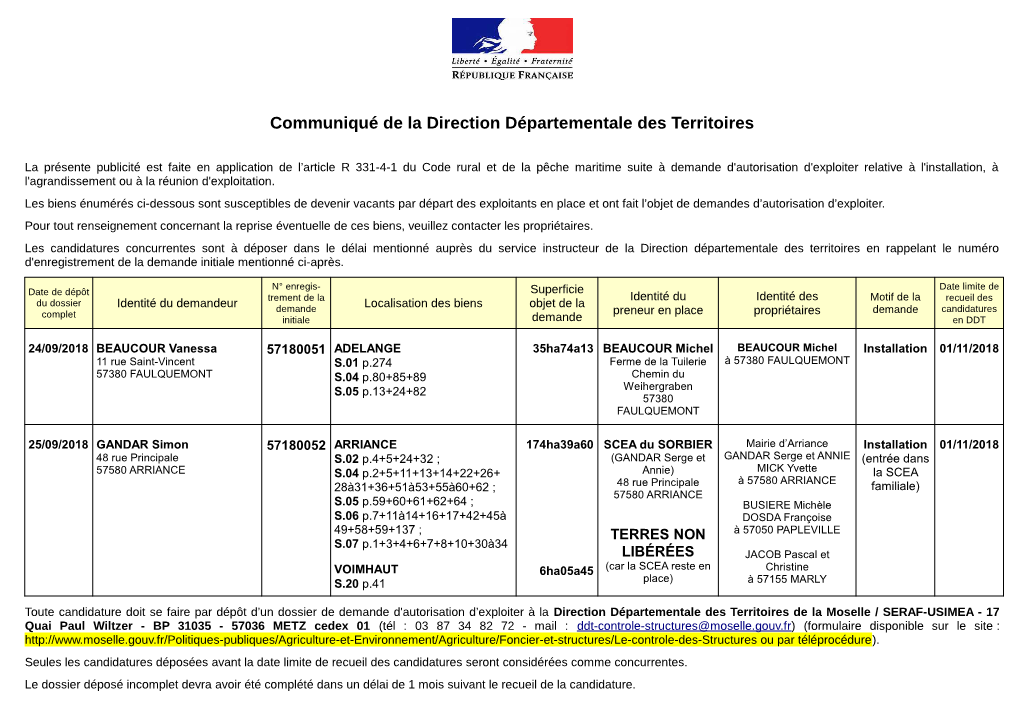 Communiqué De La Direction Départementale Des Territoires