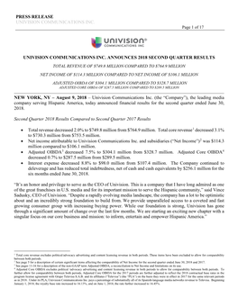 Univision Communications Inc. Announces 2018 Second Quarter Results