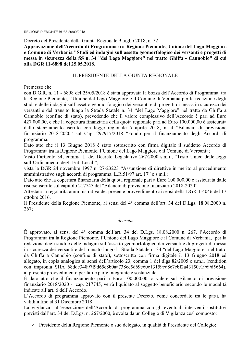 Decreto Del Presidente Della Giunta Regionale 9 Luglio 2018, N