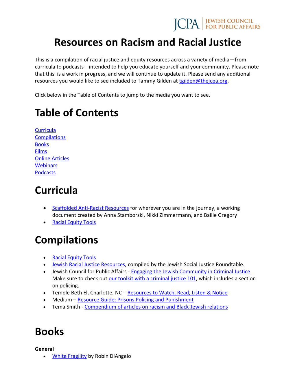 Resources on Racism and Racial Justice Table of Contents Curricula