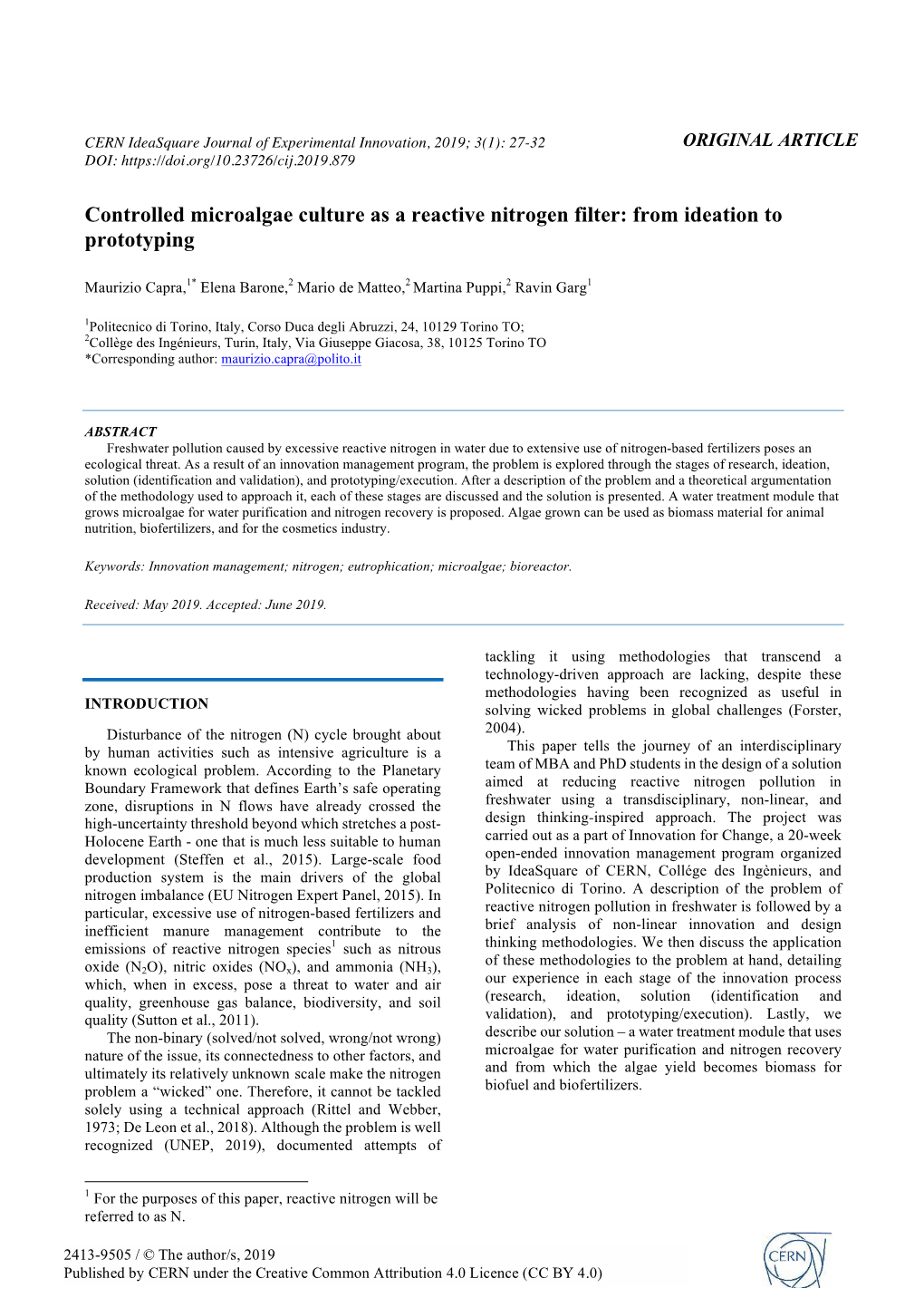 Controlled Microalgae Culture As a Reactive Nitrogen Filter: from Ideation to Prototyping