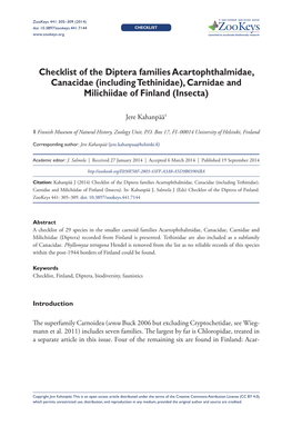 ﻿﻿﻿﻿Checklist of the Diptera Families Acartophthalmidae, Canacidae