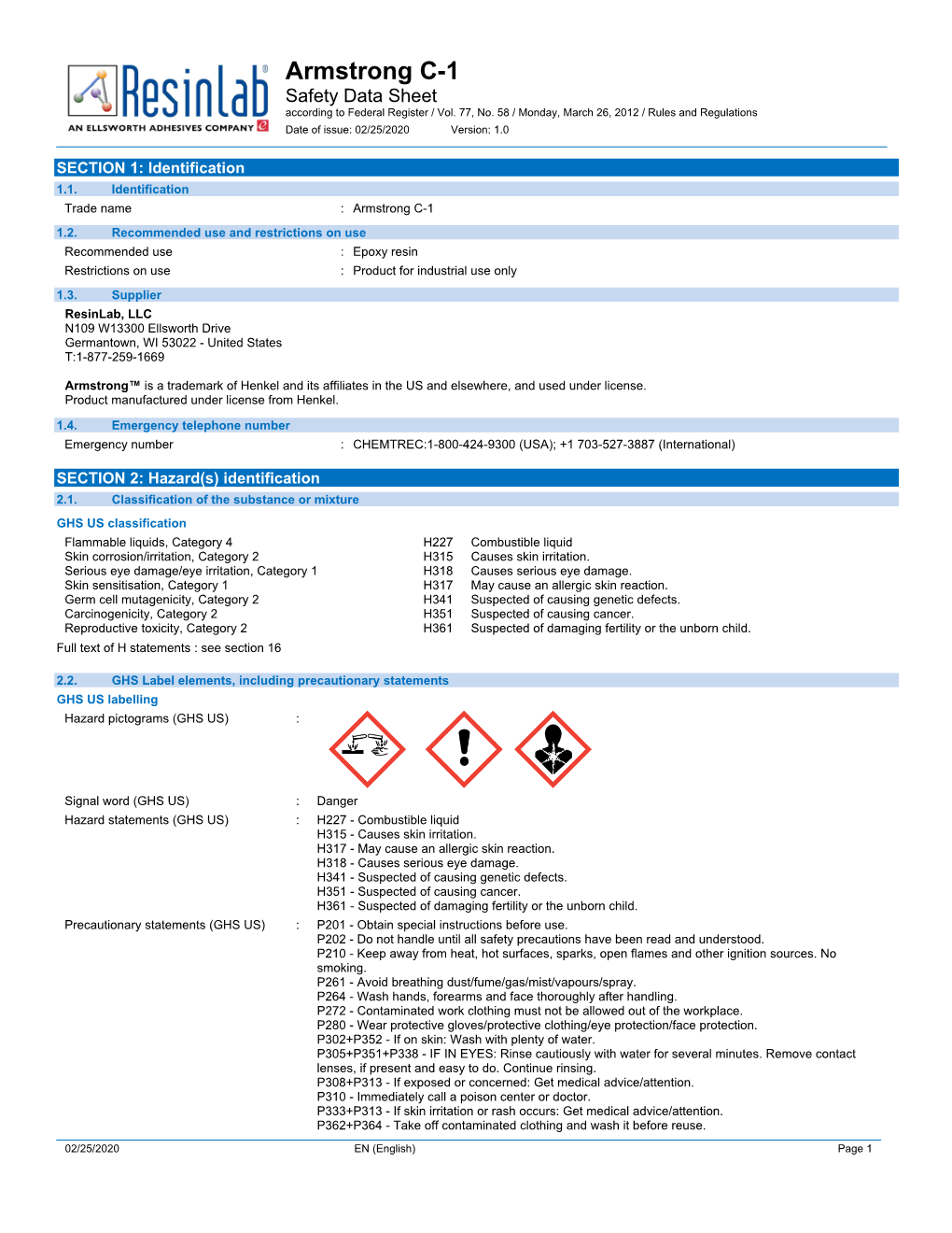 Armstrong C-1 Safety Data Sheet According to Federal Register / Vol