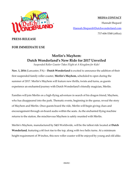Dutch Wonderland Unveils New Ride for 2017.Pdf
