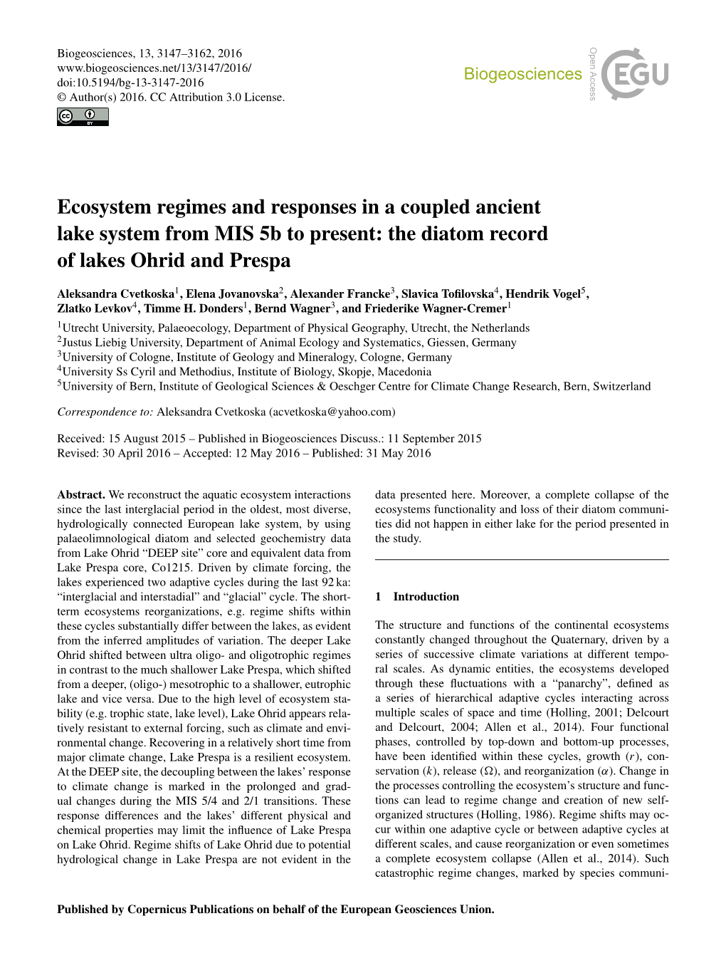 Ecosystem Regimes and Responses in a Coupled Ancient Lake System from MIS 5B to Present: the Diatom Record of Lakes Ohrid and Prespa