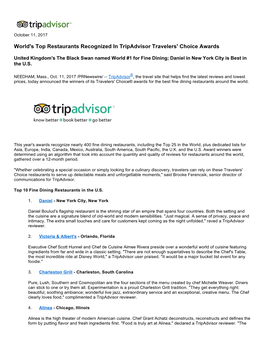 World's Top Restaurants Recognized in Tripadvisor Travelers' Choice Awards