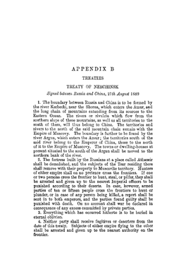 APPENDIX B TREATIES TREATY of NERCHINSK Signed Between Russia and China, 21Th August 1689