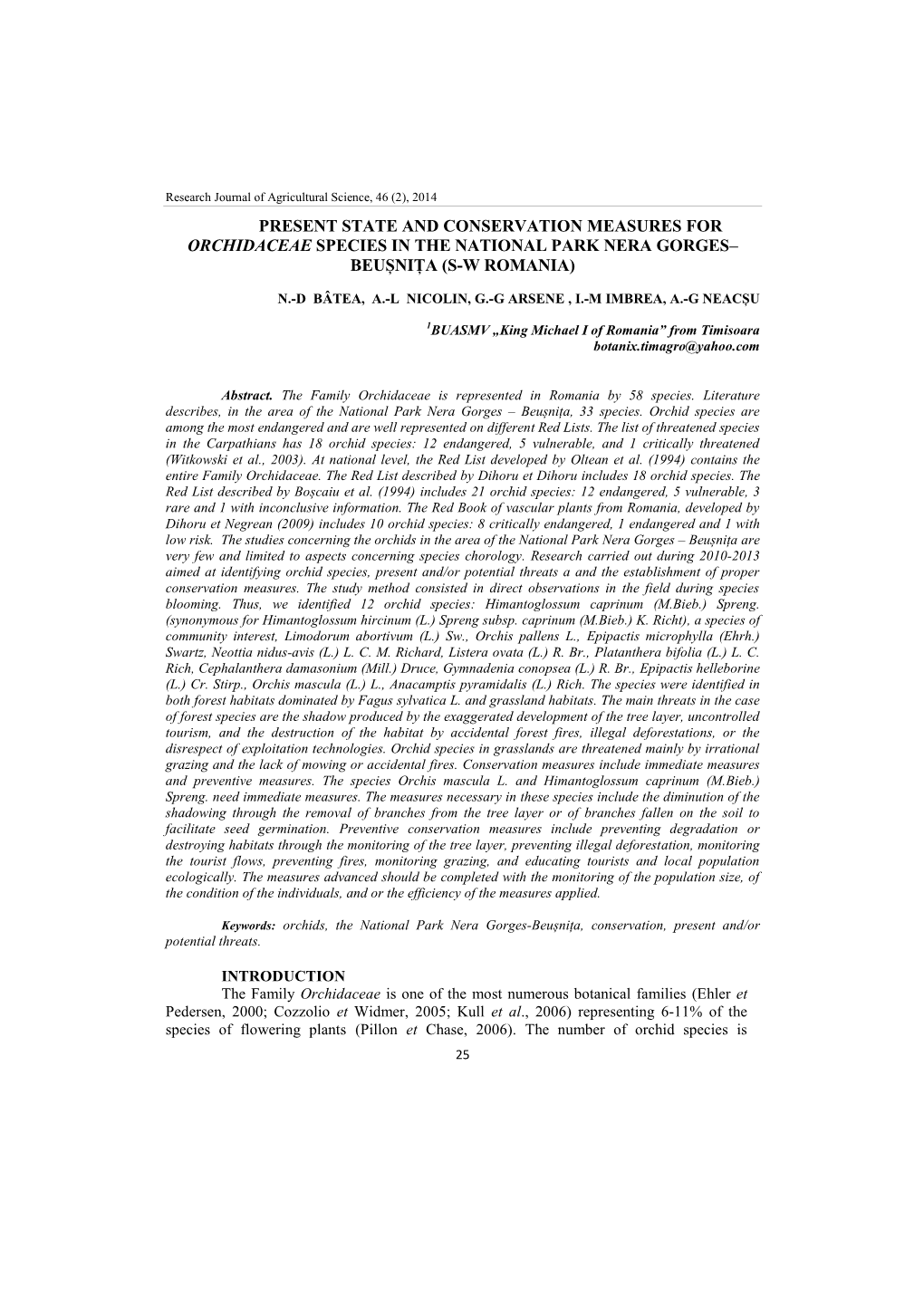 Present State and Conservation Measures for Orchidaceae Species in the National Park Nera Gorges– Beușnița (S-W Romania)