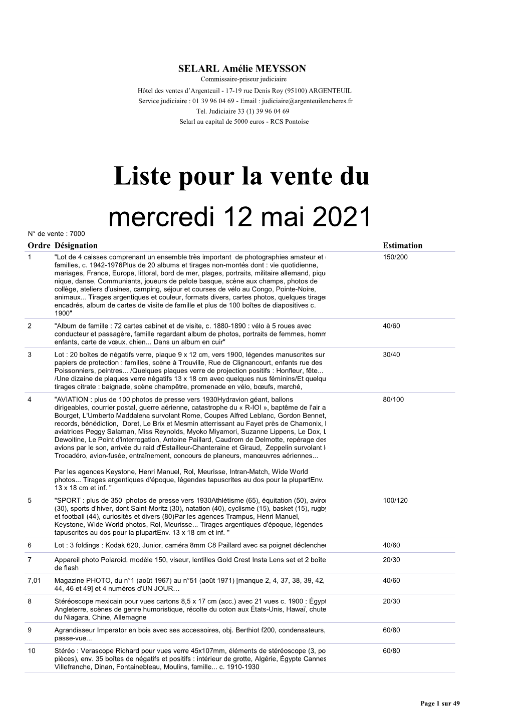 Liste Pour La Vente Du Mercredi 12 Mai 2021