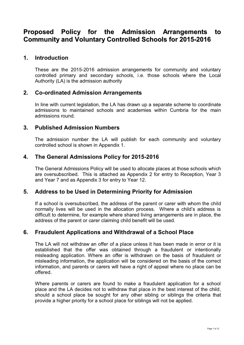 Proposed Admission Arrangements 2015/16
