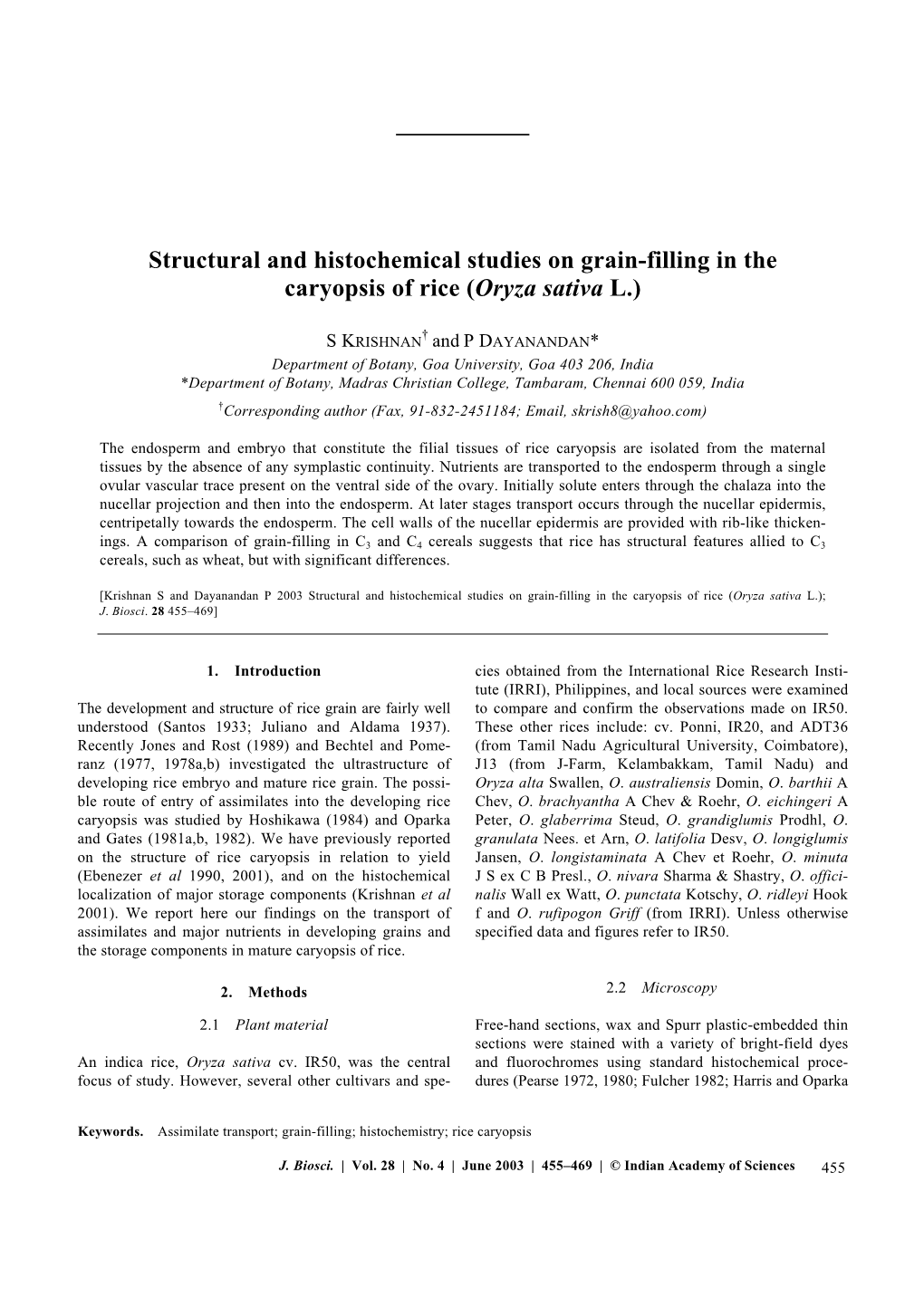 Structural and Histochemical Studies on Grain-Filling in the Caryopsis of Rice (Oryza Sativa L.)