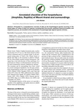 Annotated Checklist of the Herpetofauna (Amphibia, Reptilia) of Mount Ararat and Surroundings John Mulder
