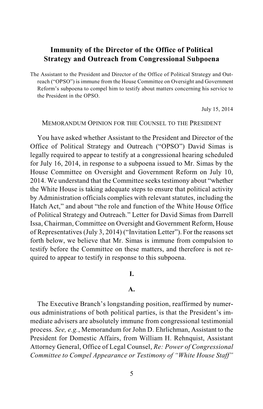 Immunity of the Director of the Office of Political Strategy and Outreach from Congressional Subpoena