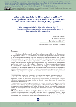 1. Investigaciones Sobre La Ocupación Inca En El Oriente De Las Serranías De Santa Victoria, Salta, Argentina