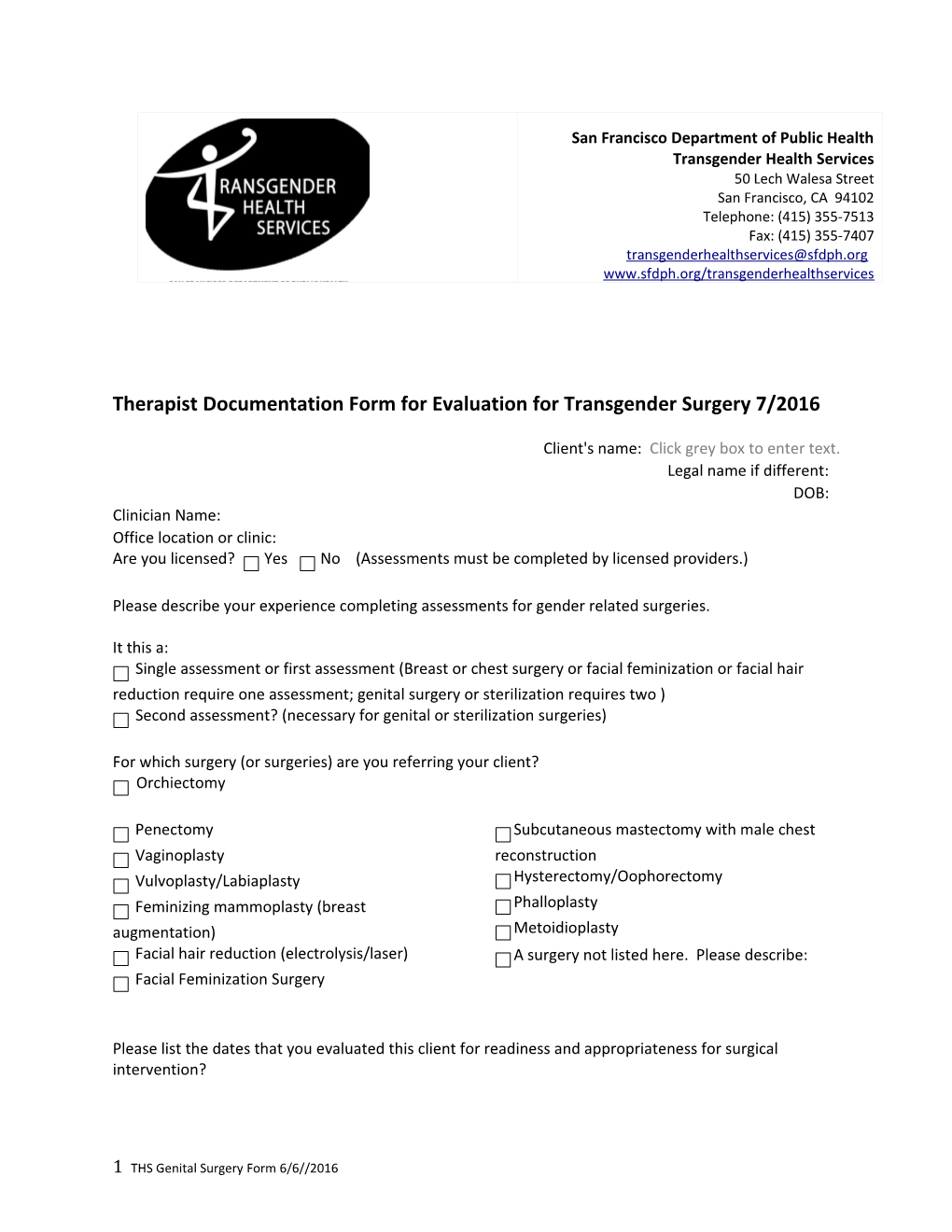Therapist Documentation Form for Evaluation for Transgender Surgery