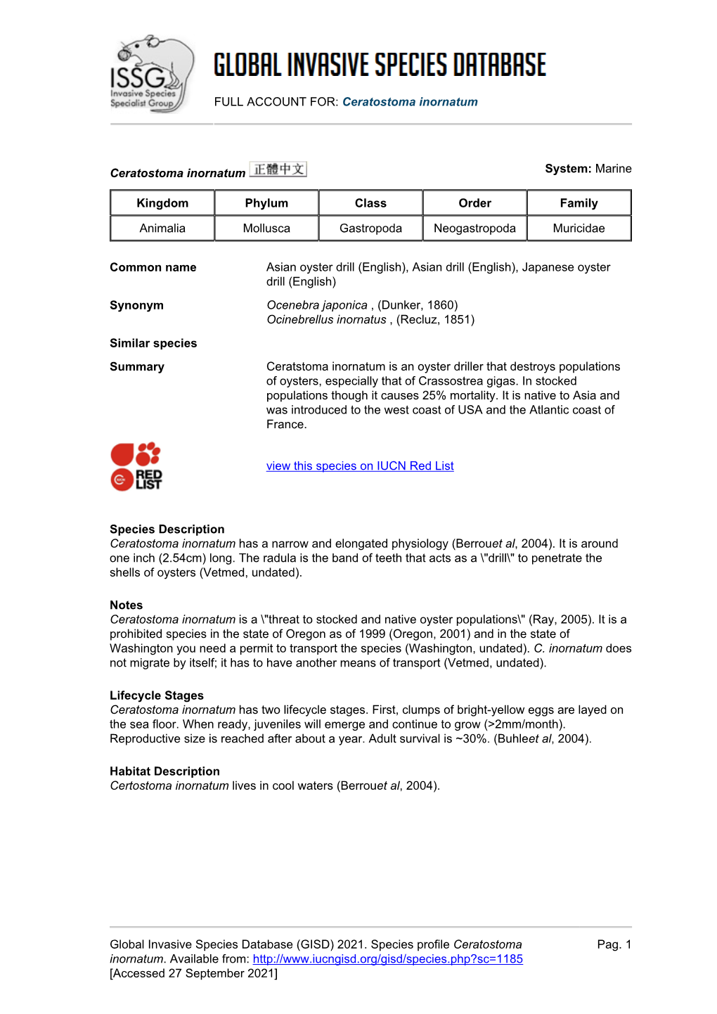 Ceratostoma Inornatum Global Invasive Species Database (GISD)