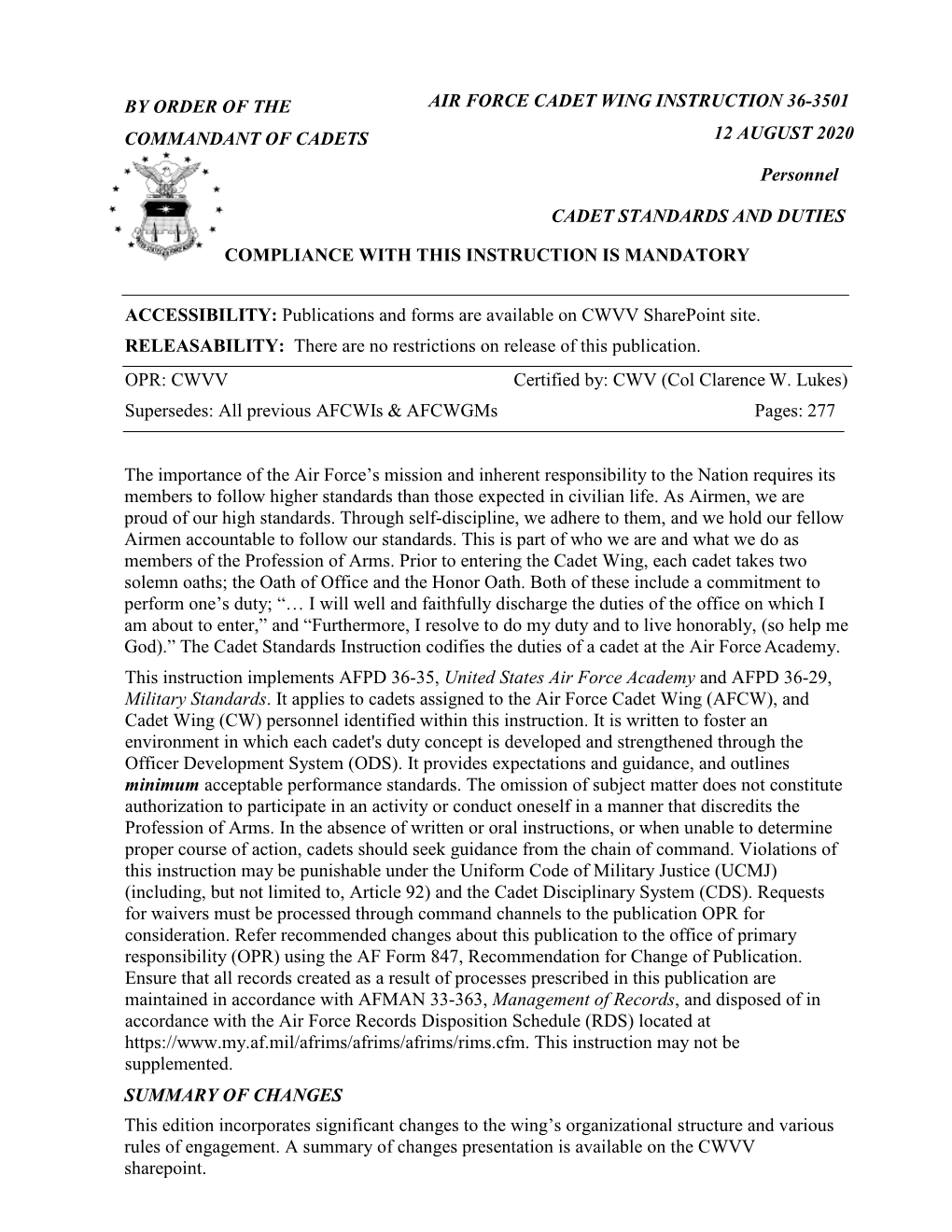 Cadet Standards and Duties Instruction