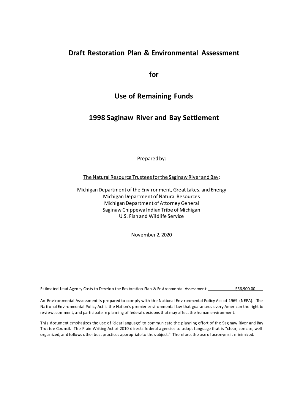 Draft Restoration Plan & Environmental Assessment for Use