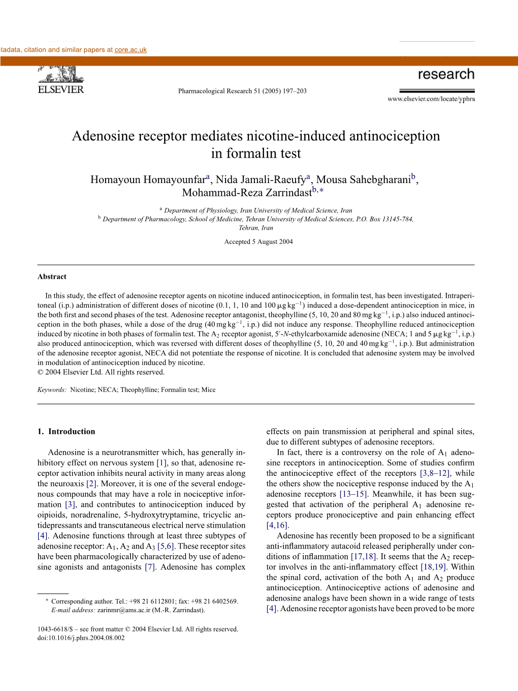 Adenosine Receptor Mediates Nicotine-Induced Antinociception in Formalin Test