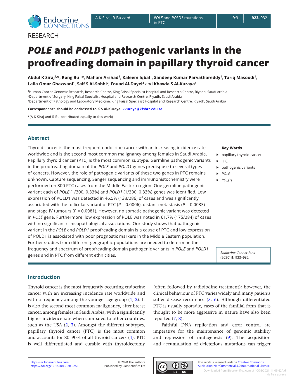 POLE and POLD1 Pathogenic Variants in the Proofreading Domain in Papillary Thyroid Cancer