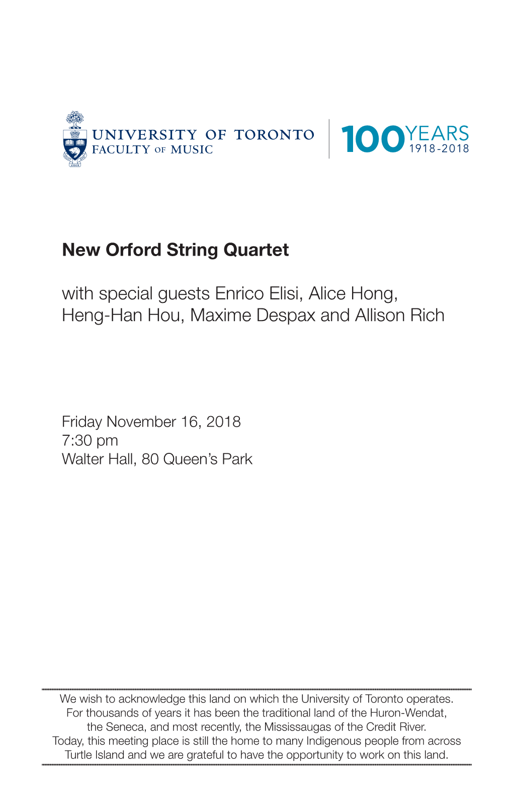 New Orford String Quartet with Special Guests Enrico Elisi, Alice Hong