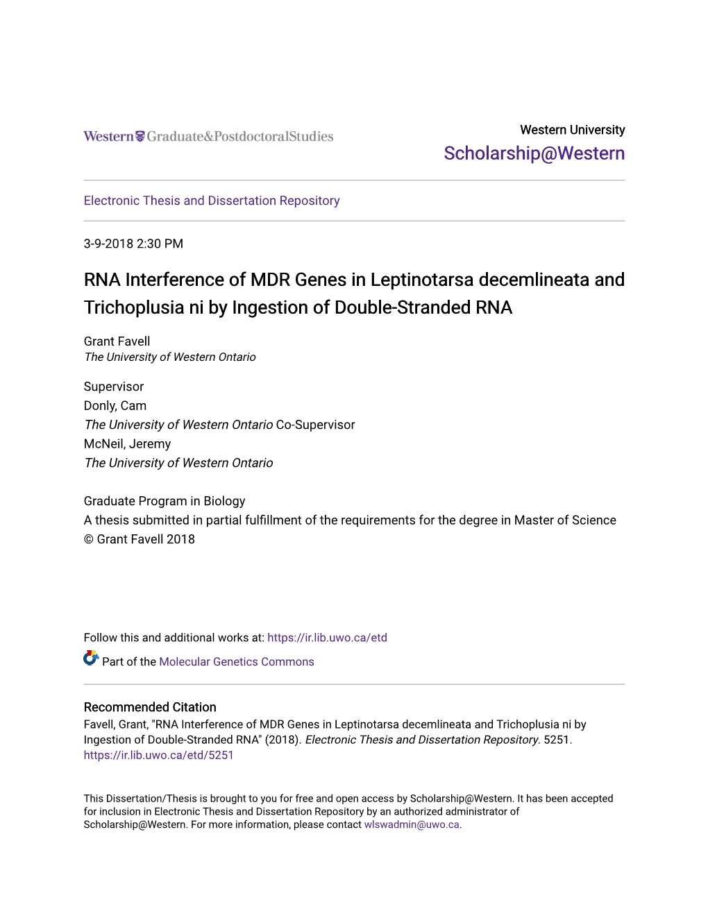 RNA Interference of MDR Genes in Leptinotarsa Decemlineata and Trichoplusia Ni by Ingestion of Double-Stranded RNA