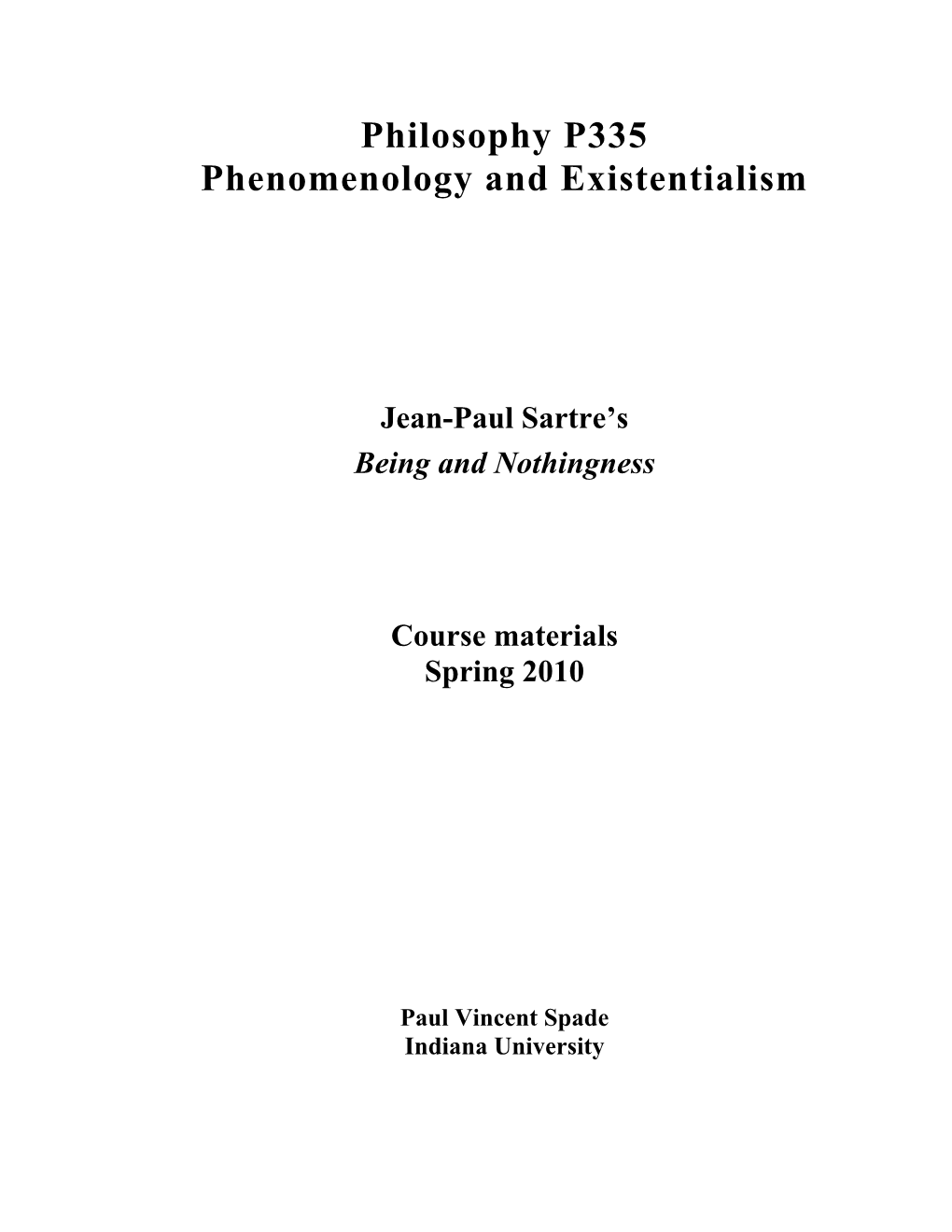 Philosophy P335 Phenomenology and Existentialism