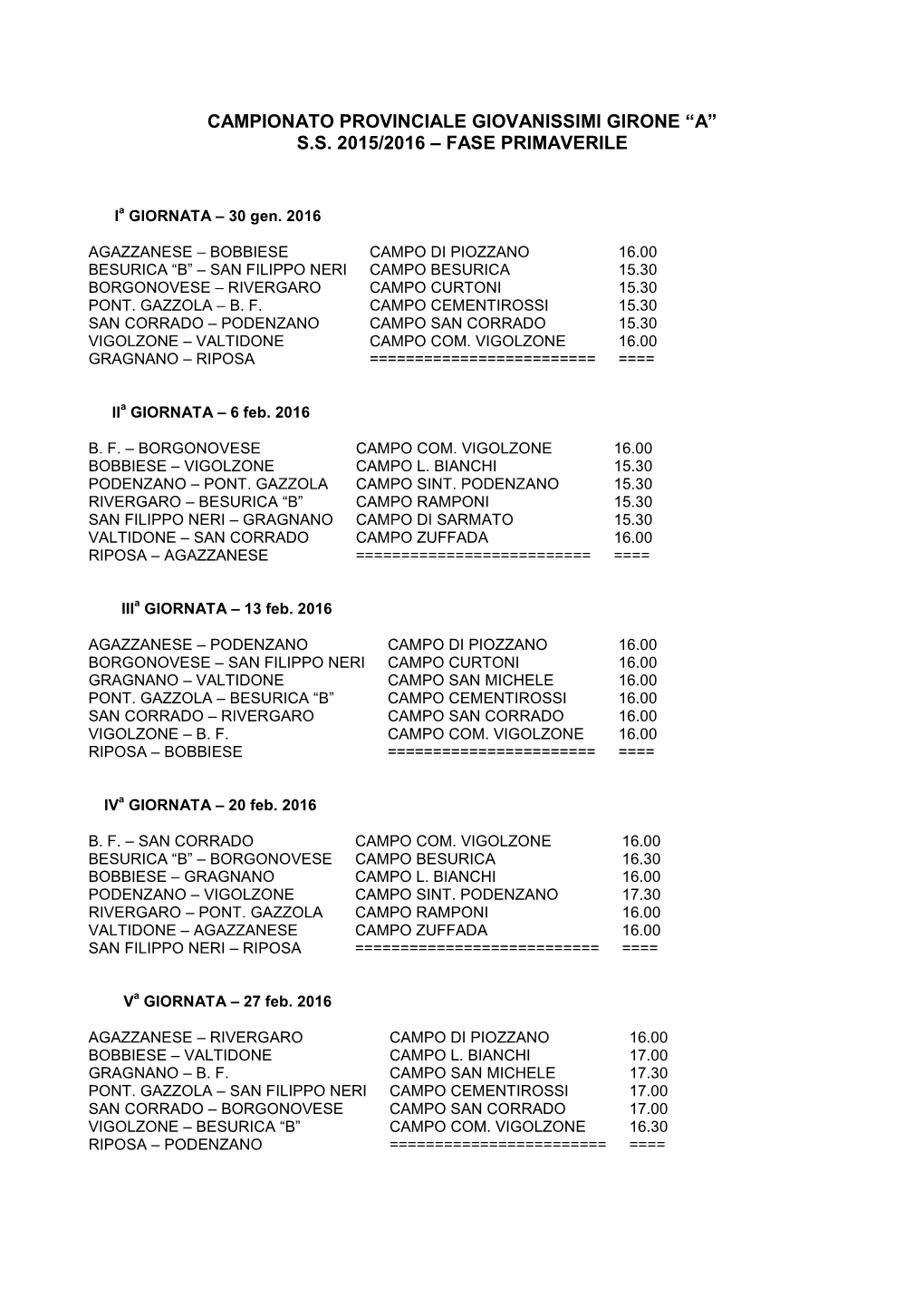Campionato Provinciale Giovanissimi Girone “A” Ss 2015/2016