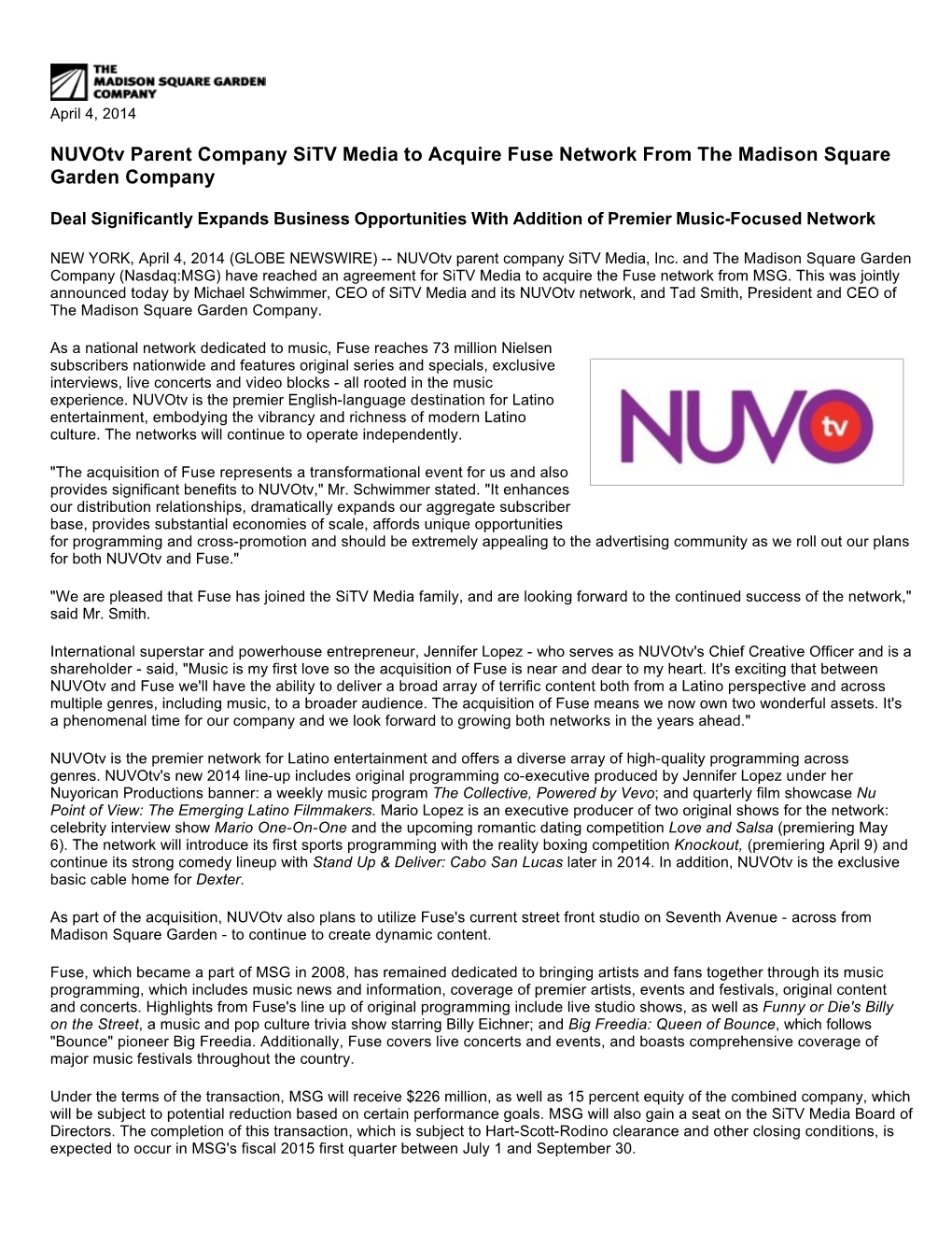 Nuvotv Parent Company Sitv Media to Acquire Fuse Network from the Madison Square Garden Company