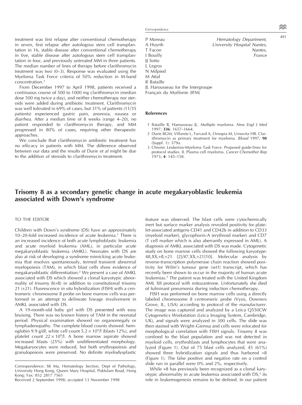 Trisomy 8 As a Secondary Genetic Change in Acute Megakaryoblastic Leukemia Associated with Down’S Syndrome