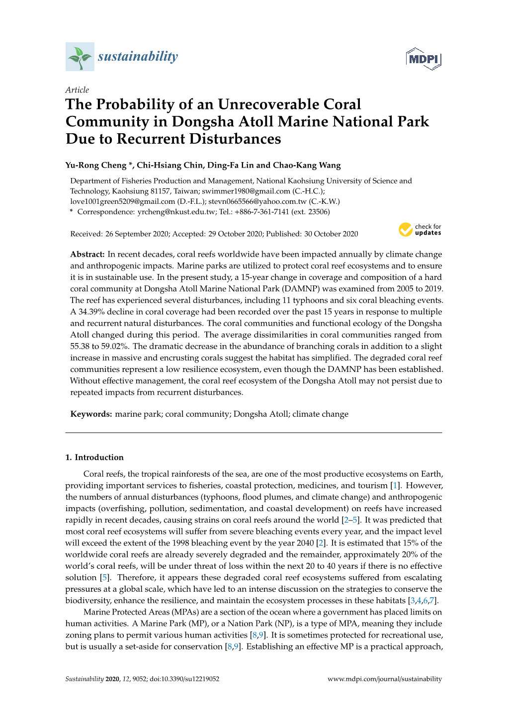 The Probability of an Unrecoverable Coral Community in Dongsha Atoll Marine National Park Due to Recurrent Disturbances