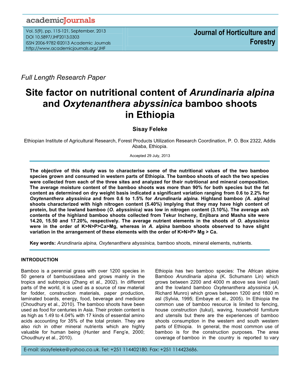 Site Factor on Nutritional Content of Arundinaria Alpina and Oxytenanthera Abyssinica Bamboo Shoots in Ethiopia