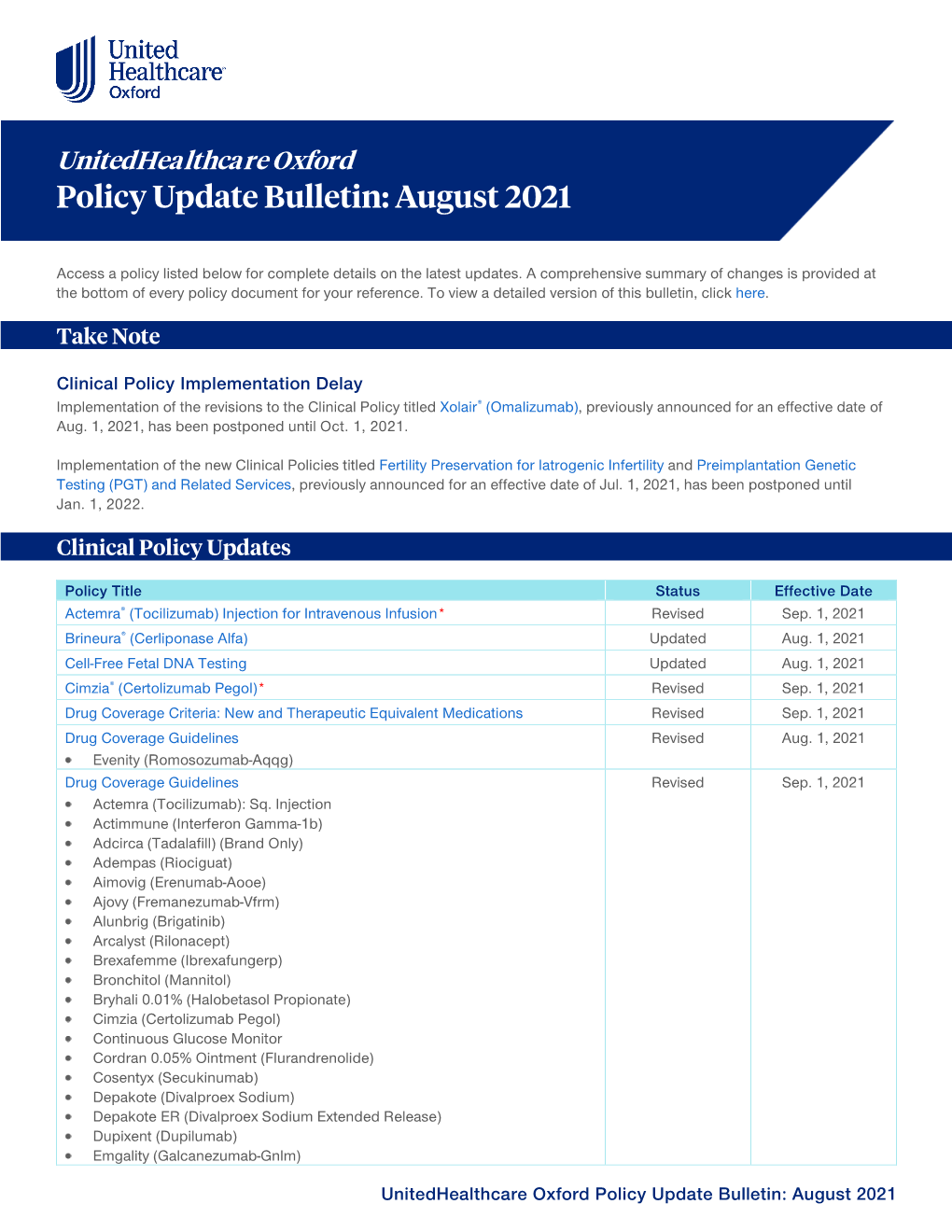 Unitedhealthcare Oxford Policy Update Bulletin: August 2021